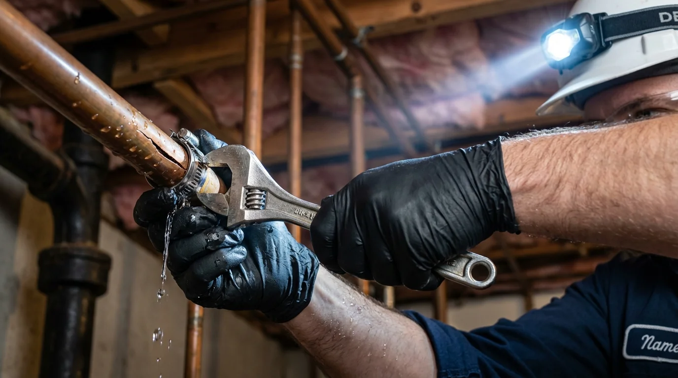 Emergency pipe clamp repair being performed by a Johns Plumbing LLC plumber in Nogales