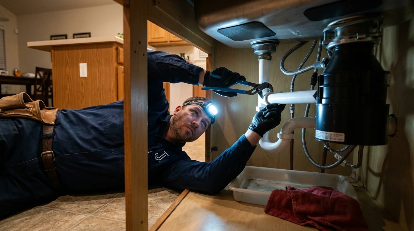 P-trap and supply line connections under a kitchen sink showing a common leak point in Nogales, AZ